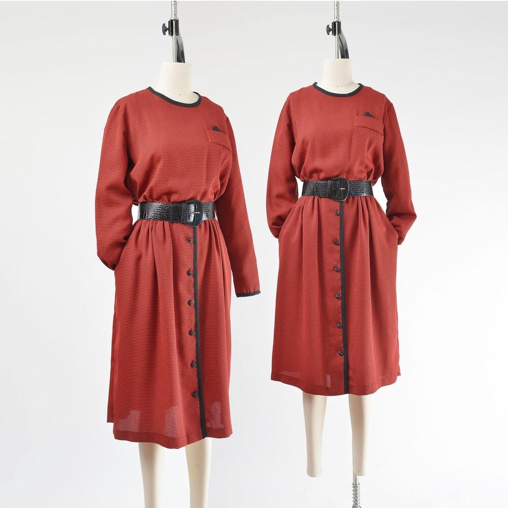 Vintage 80s Red & Black Checkered Retro Secretary Midi Dress Wide Belt Pockets M